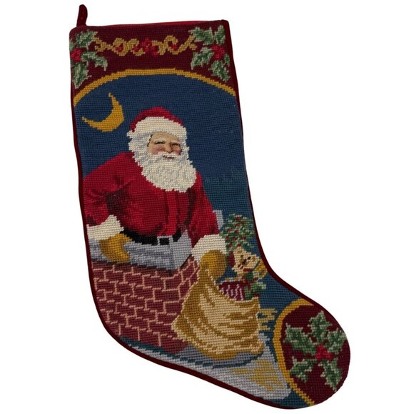 Vintage Needlepoint Christmas Stocking Santa Design Red Velveteen Back Chimney - Picture 1 of 4